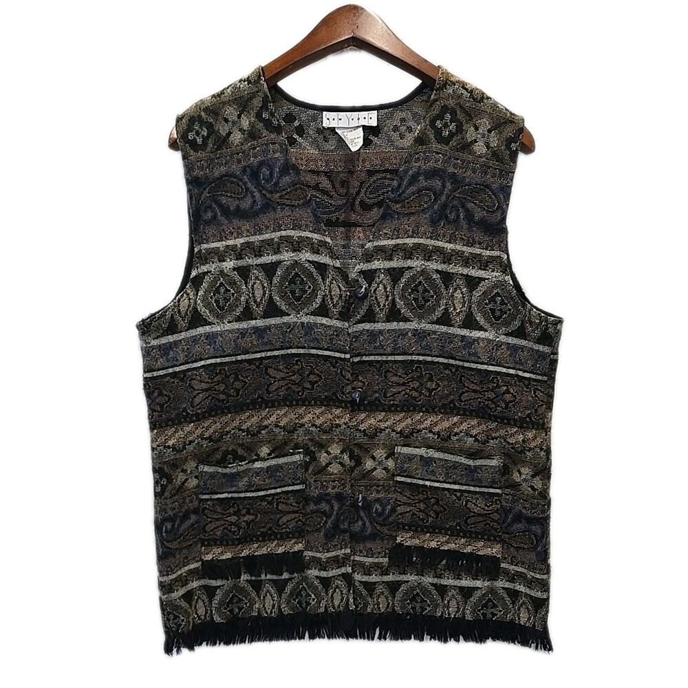 Style New York Vintage Southwestern Fringe Tapestry Vest USA Made Western Sz M-L